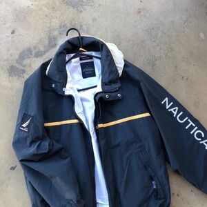 Nautica Men's Black Windbreaker with Yellow Stripe